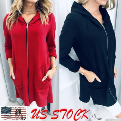 

Women Warm Zipper Hoodie Sweater Hooded Long Jacket Coat Sweatshirt Pockets Plus
