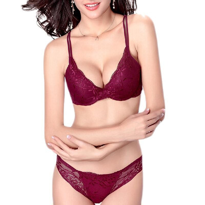 

New Women Bra Set Deep V Floral Lace Push Up Back Closure Underwire Underwear with Briefs