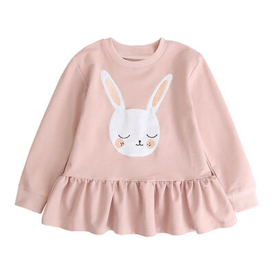

Girls Sweatshirt Dress Cartoon Rabbit Patch O-Neck Pleated Hem Tops Clothes