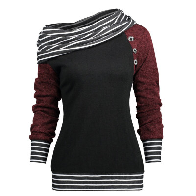 

Nomeni Fashion Women Bow-Neck Long Sleeve Striped PatchWord Button Sweatshirt Top