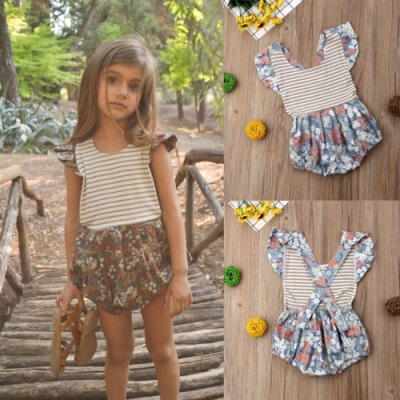 

Baby Girls Lovely Ruffle Floral Romper Striped Bodysuit