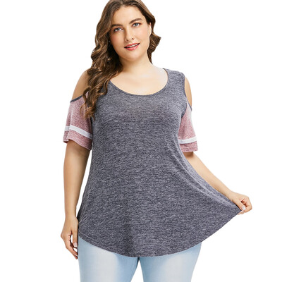 

Plus Size Color Blocking Cold Shoulder Swing T-shirt