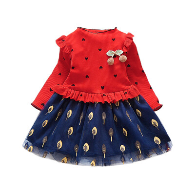 

Summer Casual Baby Girls Long Sleeve Heart Leaves Pattern Patchwork Dress Kids Toddler Princess Sundress