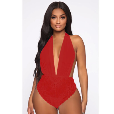 

Toponeto New Women Sexy Lingerie Deep V-Neck Halter Backless Bodysuit Underwear Jumpsuit