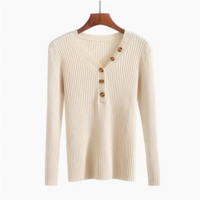 

New Fashion Button V-neck Sweater Women Spring Autumn Solid Knitted Pullover Women Slim Soft Jumper Sweater Female Knit Tops
