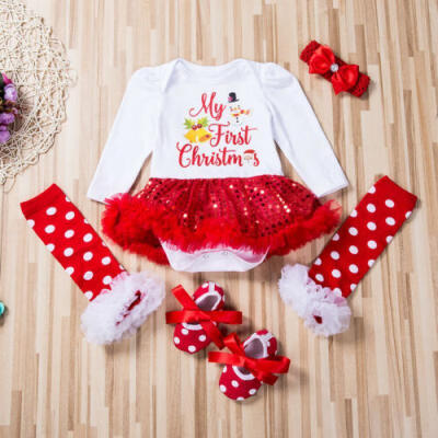 

My 1st Christmas Newborn Baby Girls Romper Dress Santa Shoes Leg Warmers Outfits