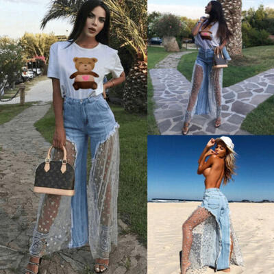 

Plus Size Women High Waist Button Flared Demin Jeans Wide Leg Pants Trousers