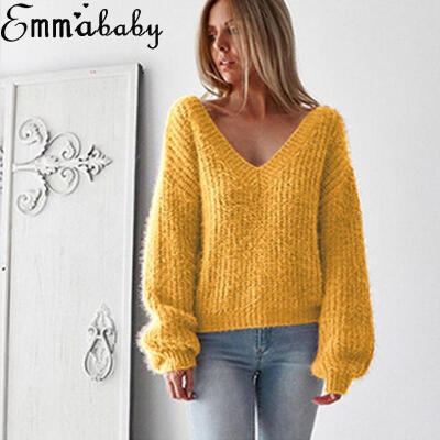 

Women´s Casual V-Neck Knitted Sweater Long Sleeve Loose Jumper Tops Knitwear NEW