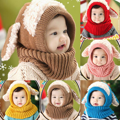 

Cute Winter Kids Girls Boys Kintted Hat Ear Puppy Caps Unisex Toddlers Babies Scarf Coif Hood One-Piece Warm Children Gifts