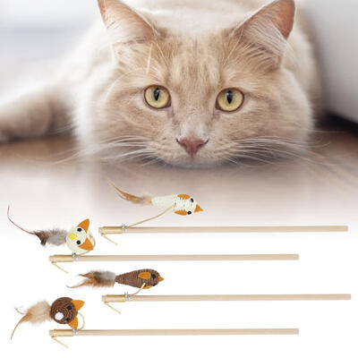 

Greensen 4Pcs Wooden Kitten Pet Cat Teaser Interactive Dangler Rod Stick with Bell&Feather Toy