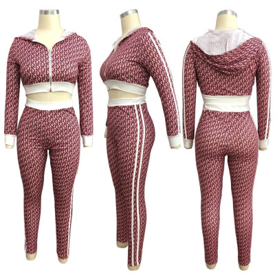 

Printed long sleeve fashion casual suit female high elastic fabric womens clothing two-piece suit