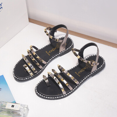 

2019 rivet new Roman Korean student sandals children buckle beach shoes flat number with Korean female summer