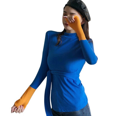 

Korean Summer T shirt Woman Spring Turtleneck Lace Up Slit Knitted T-Shirt Color Block Long Sleeve Slim Tshirt Women harajuku