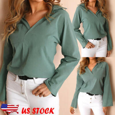 

Ladies Women V Neck Loose Solid Long Sleeve Casual Blouse Tops T Shirt Pullover