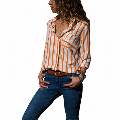 

Suit collar long sleeve button striped casual loose blouse top