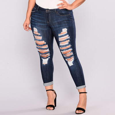 

〖Follure〗Women Casual Plus Size Pockets Long Jeans Denim Ripped Hole Pants Daily Trousers