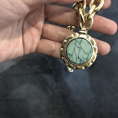 

Vintage Women Round Faux Turquoise Pendant Sweater Cable Chain Jewelry Necklace