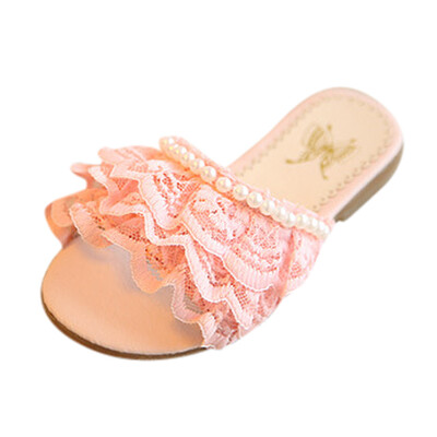 

Girls Children Beach Princess Shoes Pearls Casual Lace Summer Sandals Slippers