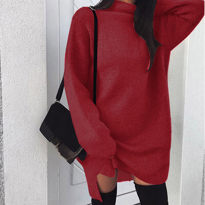 

Womens Pullover High Collar Knitted Slit Plus Size Solid Colour Sweaters Dress