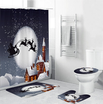 

〖Follure〗4Pcs Christmas shower Curtain Bathroom Anti-slip Carpet Rug Toilet Cover Mat Set