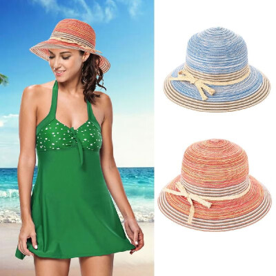 

Fashion Women Sun Hat Contrast Stripe Wide Brim Belt Summer Sunbonnet Beach Panama Hat OrangeBlue