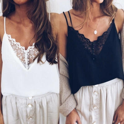 

Womens V-neck Sleeveless Lace Cami Camisole T-Shirt Tank Tops Blouse Vest Tee