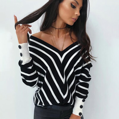 

Women V-Neck Striped T-Shirts Sexy Off Shoulder Button Decor Raglan Bat Sleeve Pullover Tops Autumn Casual Loose T-Shirt BlackKha