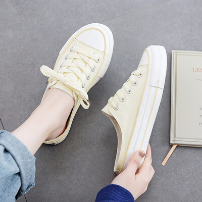 

Semi-slipper women wear 2019 new Baotou network celebrities with lazy canvas small white shoes flat-bottomed summer sandals