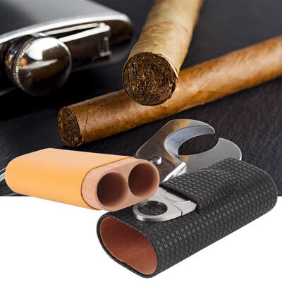 

Greensen Black Leather Cedar Wood 2 Tube Travel Cigar Case Humidor with Cigar Cutter