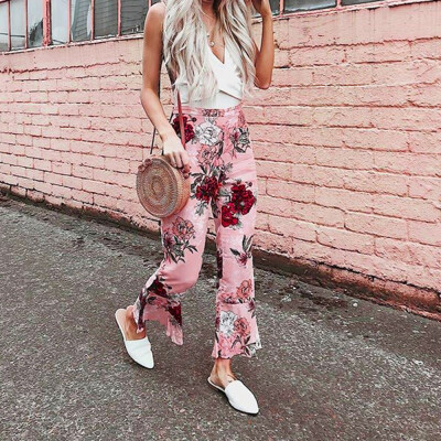 

Fashion Women Floral Printed Pants Elastic Waist Summer wide leg Lady Pants