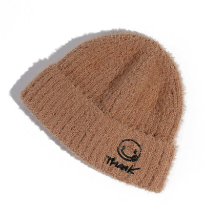 

Lady Redwood Hat Smiling Face Embroidered Wool Hat Student Lovely Mink-like Wool Knitted Hat Daily Headgear in Autumn&Winter
