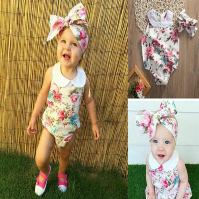 

2PCS Newborn Kid Baby Girl Floral Jumpsuit Romper Bodysuit Headband Outfits