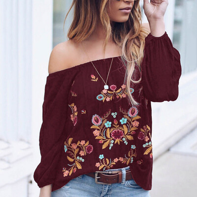 

Women Casual Loose Off Shoulder Long Sleeve Floral Printed Tops T-Shirt Blouse