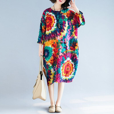 

Vintage Women Cotton Linen Dress O Neck Raglan Three Quarter Sleeve Print Pockets Casual Plus Size Loose Midi Dress
