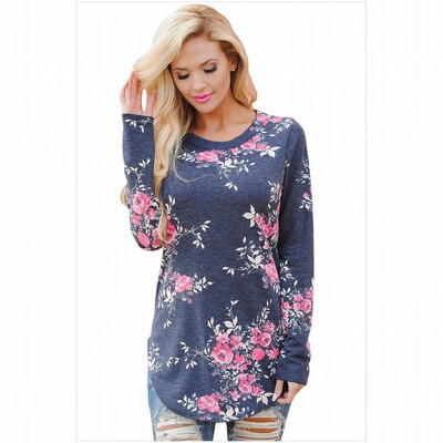 

Round neck long sleeve floral print vintage bohemian straight top