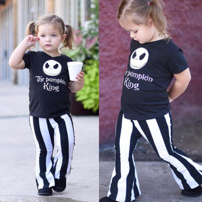 

Kids Baby Girl Skull T-shirt TopsStriped Flare Pants Halloween Clothes Set