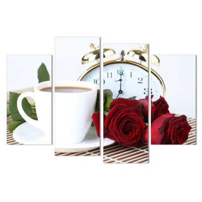 

4 Panels Rose Oil Painting Coffee Cup Clock Wall Art Painting Photo Poster Oil Pictures Hotel Hall Home Decor