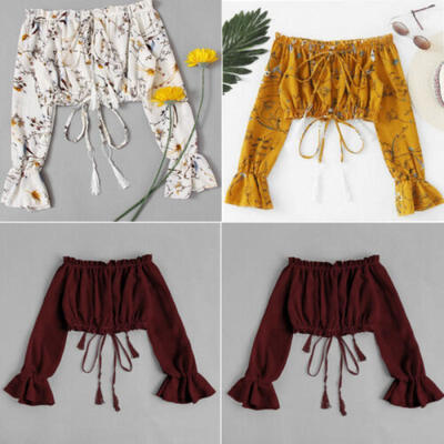 

Womens Lace up Bandage Off Shoulder Long Sleeve T-Shirt Crop Tops Blouse Shirt