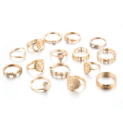 

set For Women Gold Color Geometric Hollow Flower Punk Rings Set