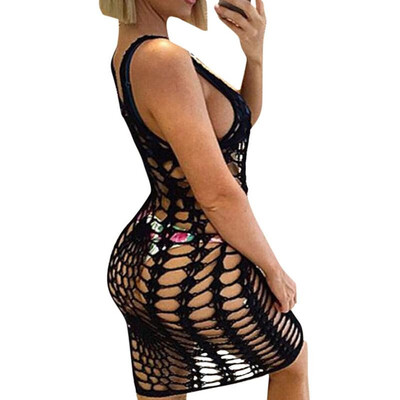 

Boho Women Bikini Cover Up Crochet Patterns Solid Hollow Out Sleeveless Asymmetric Loose Beach Wear