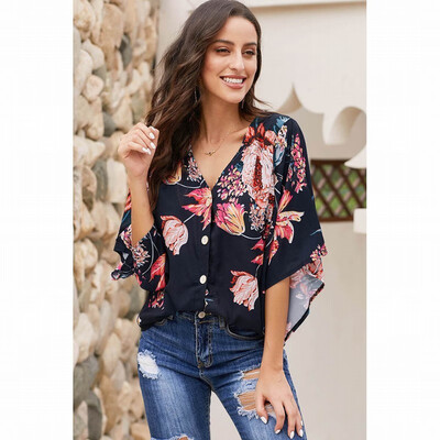 

Vintage printed shirt Womens V-neck short-sleeved loose shirt