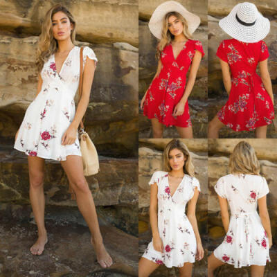 

Womens Summer Boho Short Dress Evening Cocktail Party Beach Floral Sundress