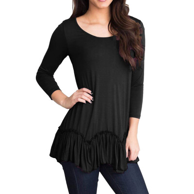 

Nomeni Women Casual Solid O-Neck 34 Sleeved Ruffled Pleated Hem Top T-Shirt Blouse