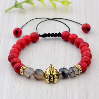 

1Piece Charm Knight Warrior Gladiator Helmet Bracelet Men Natural Stone Black&Red Bead Adjustable Bracelets