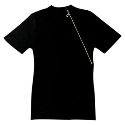 

Women t shirt Summer Casual Concise Zipper women clothes Turtleneck Slim Fit Stripe Knitting Short Sleeve Tshirt