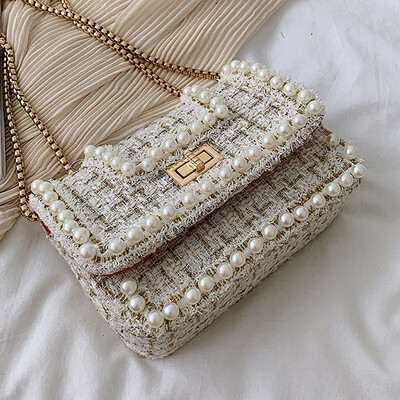 

Pearl bag 2019 summer new Korean version of Joker shoulder diagonal bag simple woolen cloth small square bag
