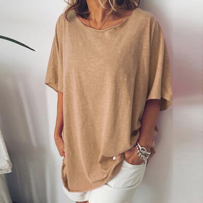 

Women Short Sleeve Loose Button Holiday Blouse Solid Color Round Neck T-Shirt