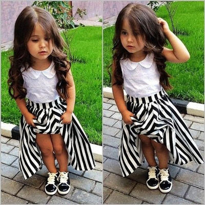 

New Baby Girls Princess Party Dress White Lace Flower Stripe Gown Dress 2-8Y