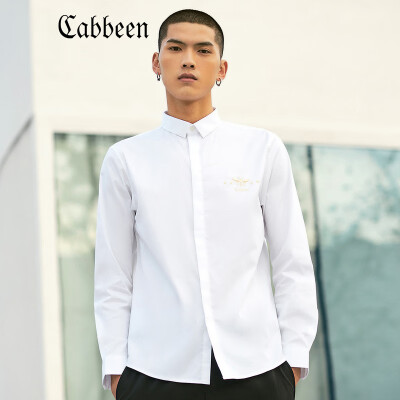 

Cabbeen carbine mens 2019 spring new bee embroidered shirt casual long-sleeved square collar youth white shirt micro-elastic A drift white 54185XXL