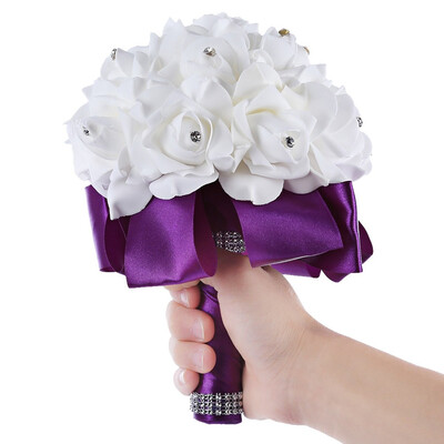 

PE Foam Wedding Bouquet Bride Bridesmaid Holding Rose Flower with Rhinestone Ribbon